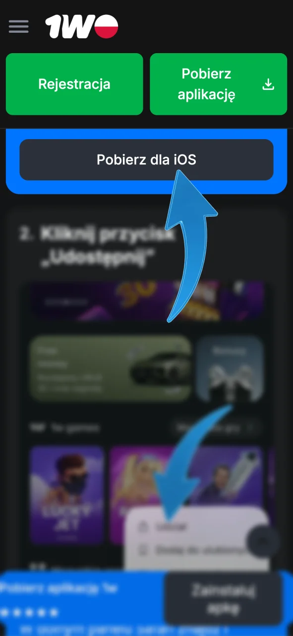 Kliknij przycisk pobierania dla iOS, otwórz stronę aplikacji 1w w przeglądarce Safari.
