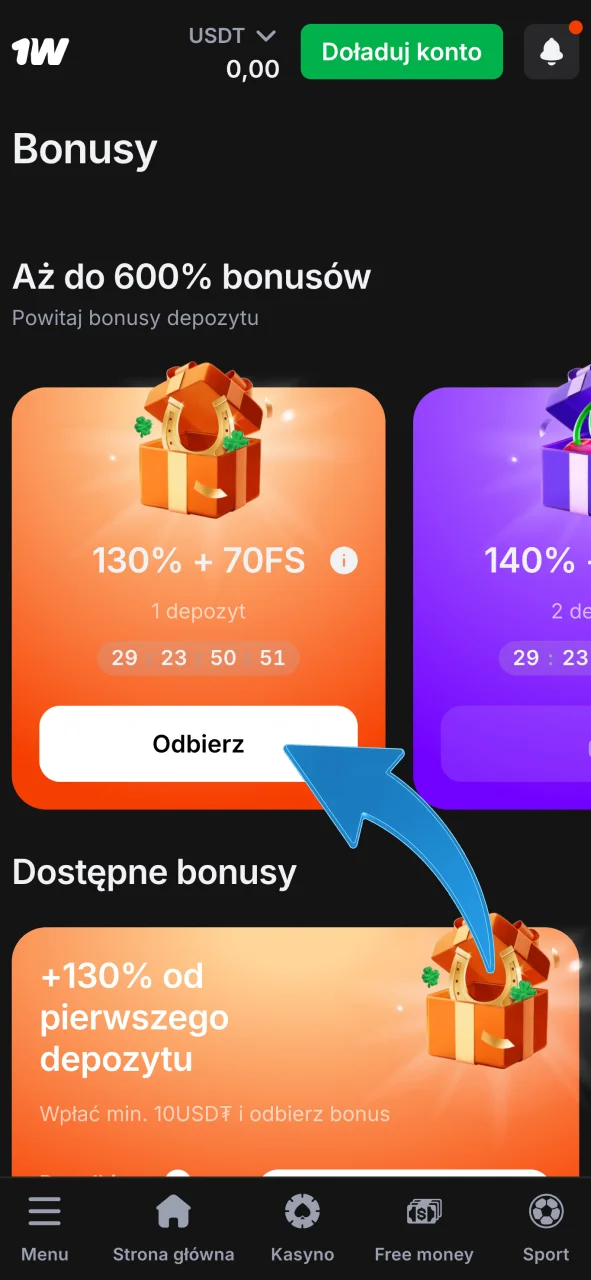 Sprawdź saldo bonusowe w 1w, aktywuj środki na grę i zacznij obstawianie teraz.