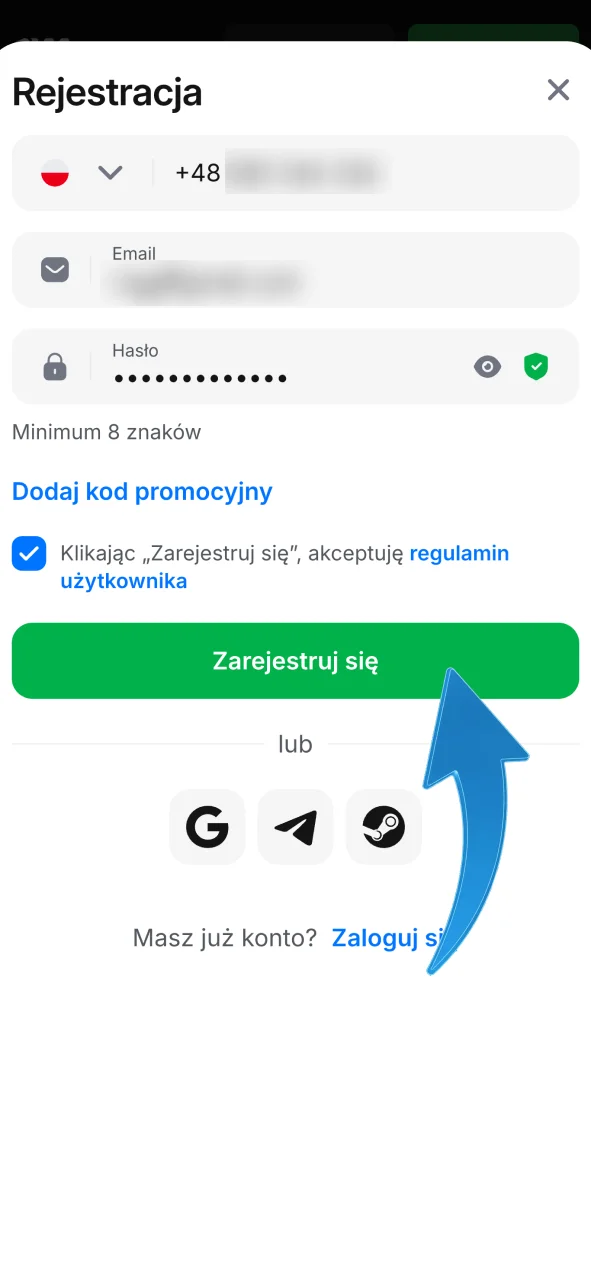 Wypełnij formularz rejestracyjny w 1w, podaj swoje dane i załóż konto gracza teraz.
