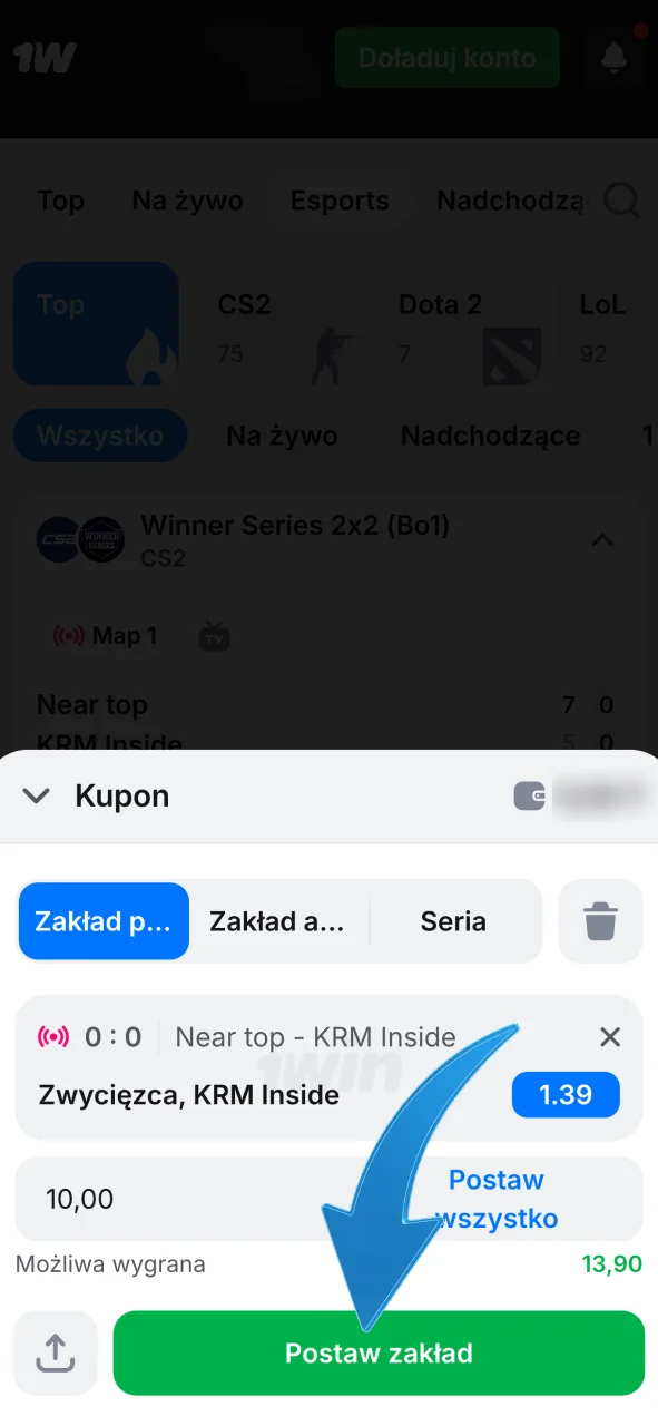 Postaw swój zakład w 1w, wybierz interesujący mecz i potwierdź typ na kuponie.