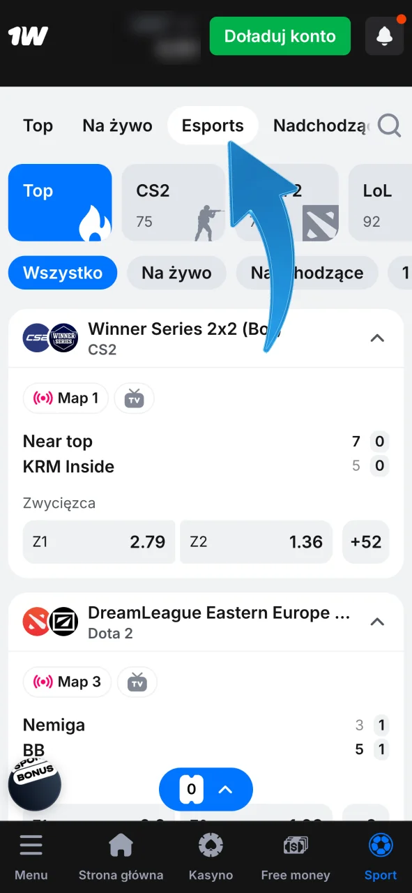 Przejdź do sekcji eSport w 1w, wybierz ulubioną dyscyplinę i obstawiaj wyniki teraz.