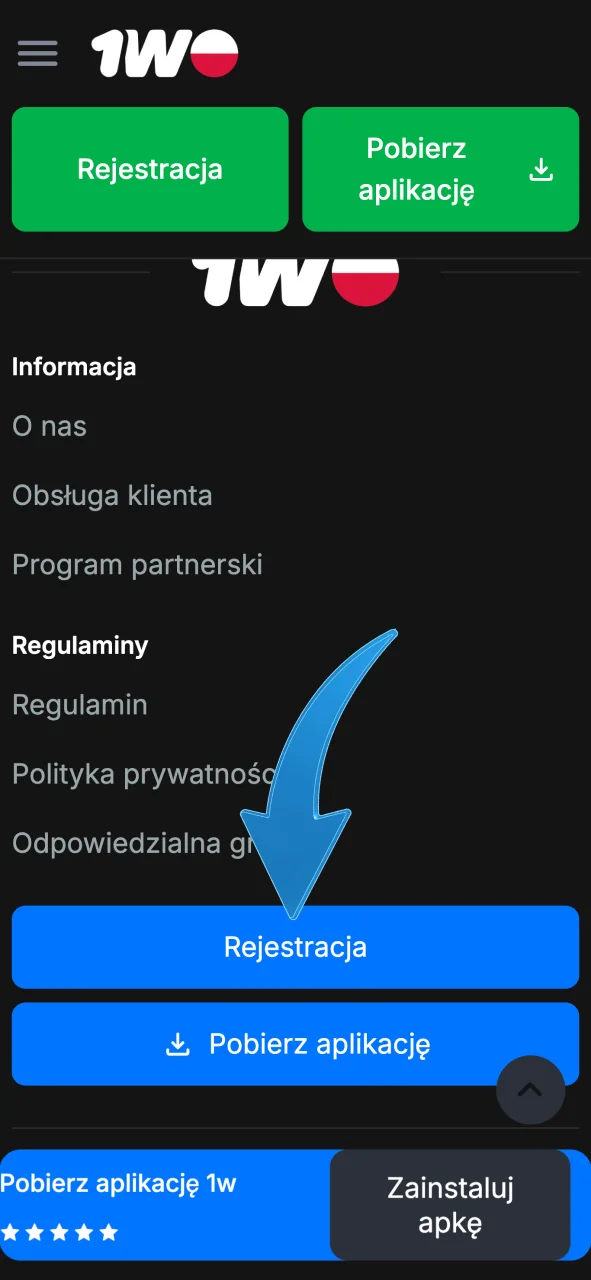 Kliknij przycisk rejestracji w 1w, wypełnij formularz i załóż konto w kilka minut.