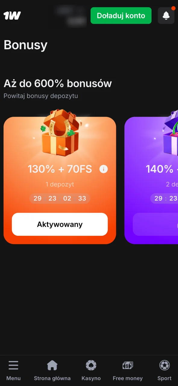 Odbierz bonus powitalny w 1w, zyskaj premię po dokonaniu swojego pierwszego depozytu.