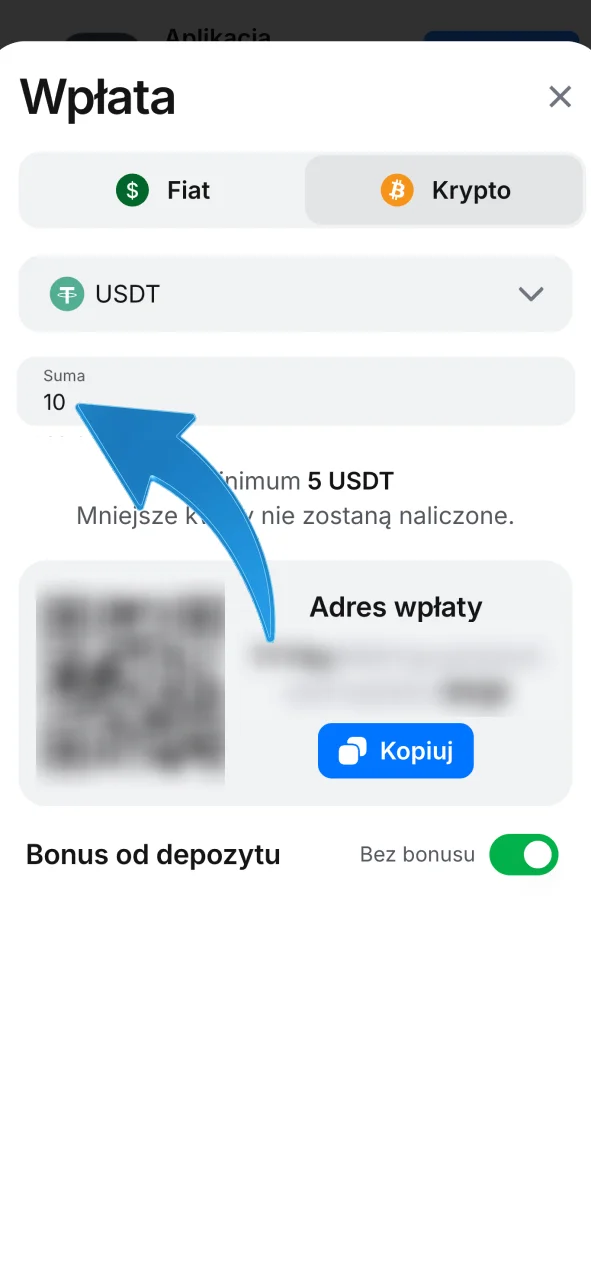 Wpisz wartość depozytu w 1w, upewnij się że mieścisz się w zakresie wpłat.