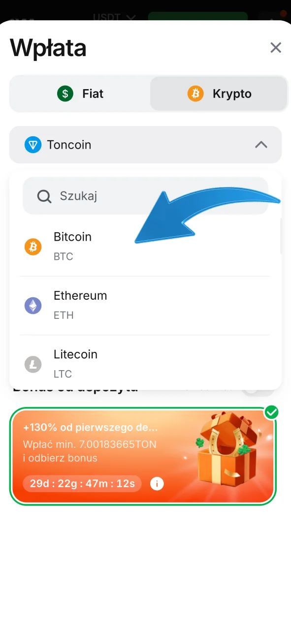 Wybierz preferowaną metodę płatności w 1w, postaw na Bitcoin lub inne kryptowaluty.