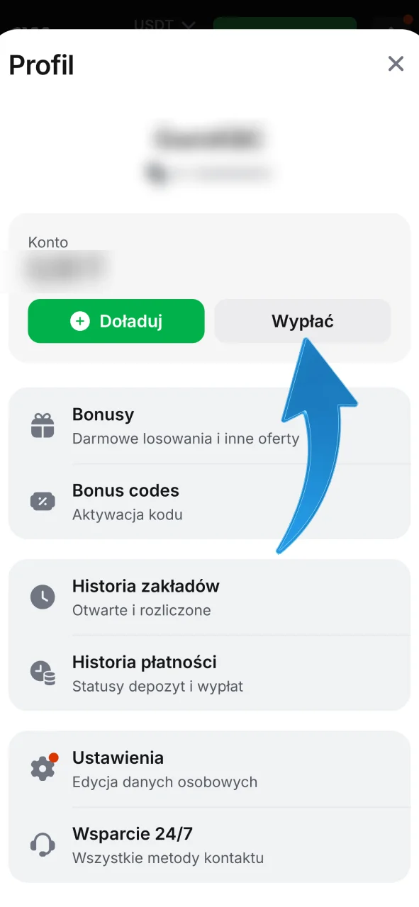 Znajdź opcję wypłaty środków w 1w, wybierz swój ulubiony system płatności teraz.