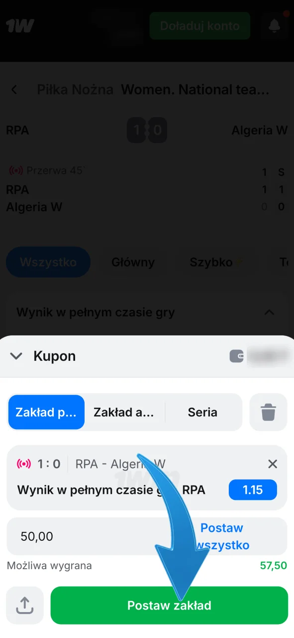 Postaw swój zakład w 1w, wybierz kurs z oferty i dodaj go do kuponu jednym kliknięciem.