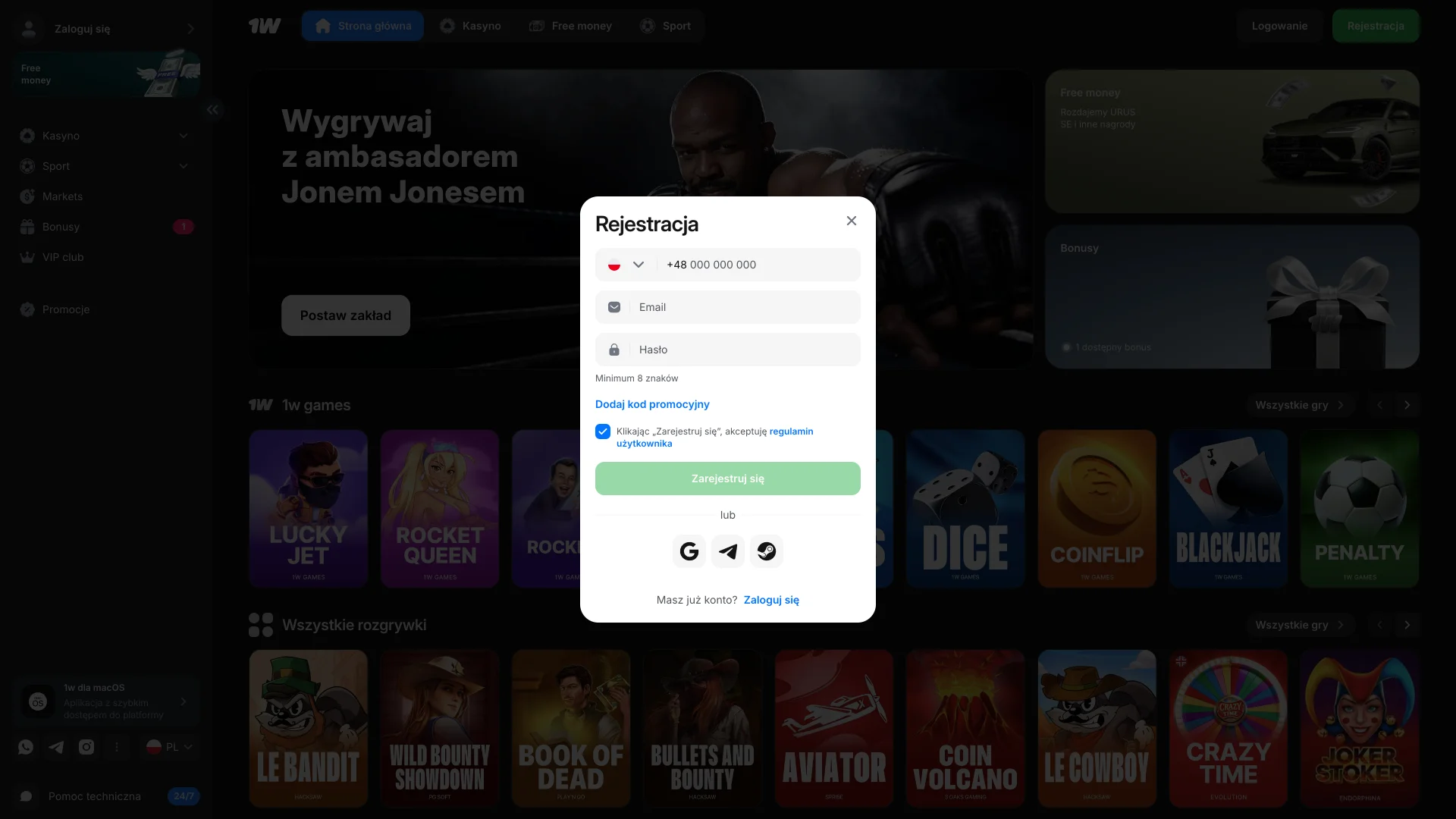 Zobacz panel rejestracji w 1w, wypełnij krótki formularz i dołącz do grona graczy.